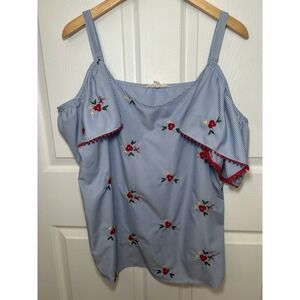Grand‎ & Greene Blue Striped Cold Shoulder Embroidered Floral Top - L